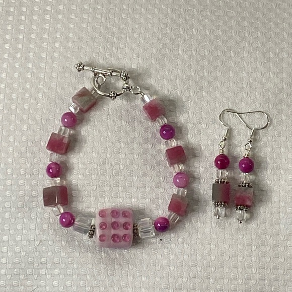 Real Diehl Jewelry Jewelry - Handcrafted Glass, Hot Pink Agate and Candy Quartz Bracelet and Earrings Set